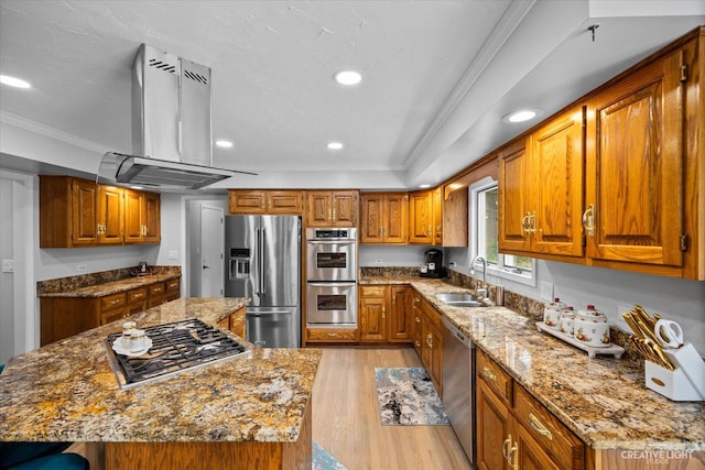 440 Cranesbill Dr, West Chicago, IL 60185 - kitchen with appliances with stainless steel finishes, a sink, island exhaust hood, brown cabinets, and light wood-type flooring