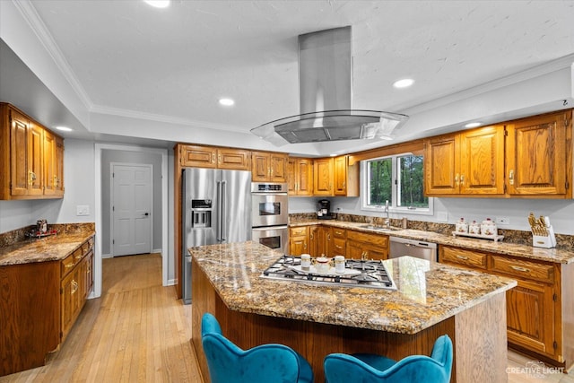 440 Cranesbill Dr, West Chicago, IL 60185 - kitchen with appliances with stainless steel finishes, a sink, extractor fan, brown cabinetry, and recessed lighting