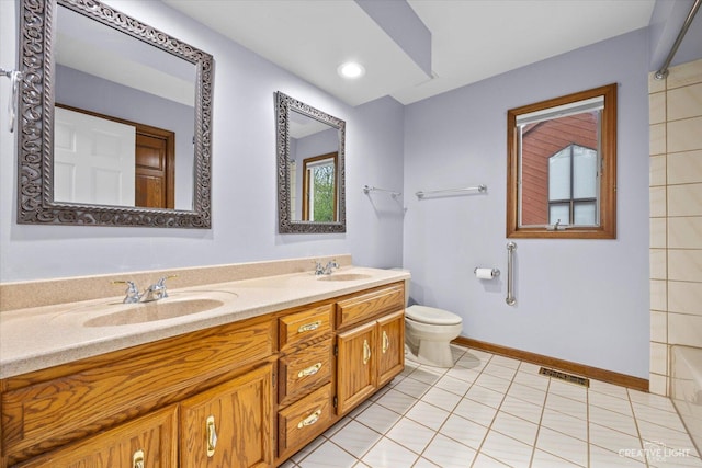 440 Cranesbill Dr, West Chicago, IL 60185 - full bath featuring double vanity, toilet, baseboards, recessed lighting, and a bathtub
