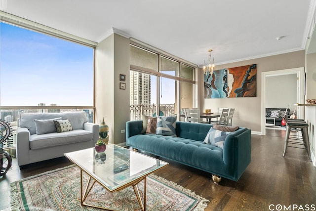 21 E Huron St Unit 3301, Chicago, IL 60611 - living room featuring a chandelier, crown molding, dark wood-style floors, and expansive windows