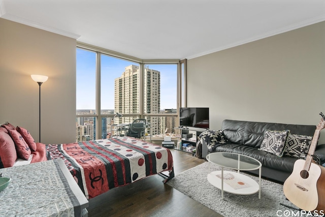 21 E Huron St Unit 3301, Chicago, IL 60611 - bedroom with floor to ceiling windows, crown molding, and wood finished floors