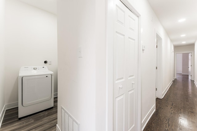 3216 W Walnut St, Chicago, IL 60624 - corridor with washer / dryer, dark wood finished floors, baseboards, and recessed lighting