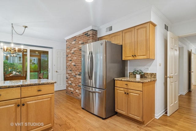 1116 W Mallard Dr, Palatine, IL 60067 - kitchen with freestanding refrigerator, crown molding, a chandelier, stone counters, and light wood finished floors