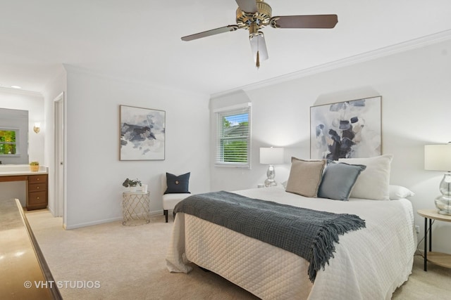 1116 W Mallard Dr, Palatine, IL 60067 - bedroom with ornamental molding, light carpet, baseboards, connected bathroom, and a ceiling fan