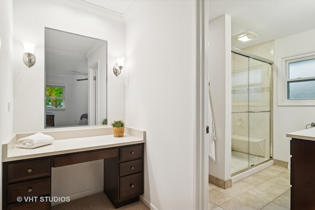 1116 W Mallard Dr, Palatine, IL 60067 - bathroom featuring vanity, a shower stall, ornamental molding, tile patterned flooring, and baseboards