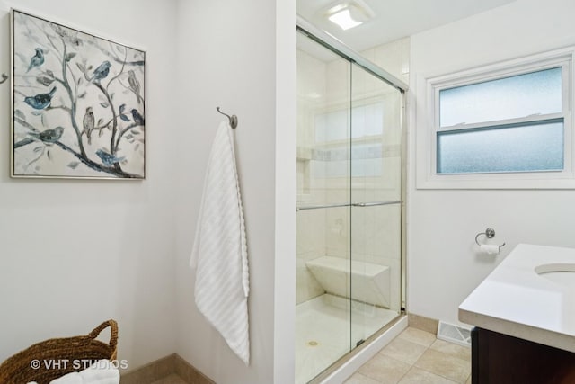 1116 W Mallard Dr, Palatine, IL 60067 - bathroom with a shower stall, vanity, tile patterned flooring, and baseboards