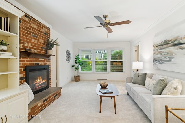 1116 W Mallard Dr, Palatine, IL 60067 - living room featuring a fireplace, a ceiling fan, crown molding, and light carpet