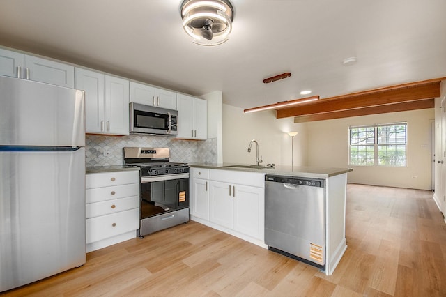 1991 Westview Ln, Round Lake Beach, IL 60073 - kitchen with appliances with stainless steel finishes, a sink, a peninsula, light wood-type flooring, and white cabinets