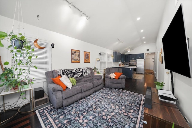 3713 W Palmer St Unit 2, Chicago, IL 60647 - living area with vaulted ceiling, dark wood-style flooring, rail lighting, and recessed lighting