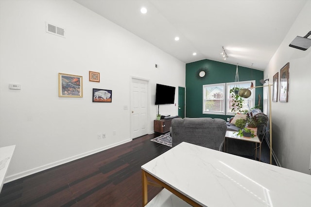 3713 W Palmer St Unit 2, Chicago, IL 60647 - living room with wood finished floors, recessed lighting, baseboards, high vaulted ceiling, and a desk