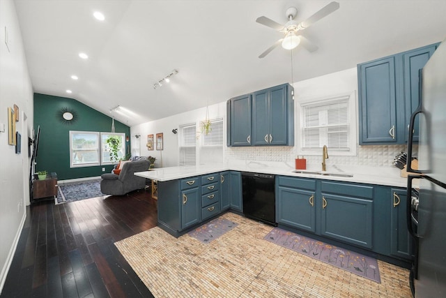 3713 W Palmer St Unit 2, Chicago, IL 60647 - kitchen featuring a sink, dishwasher, a peninsula, vaulted ceiling, and open floor plan