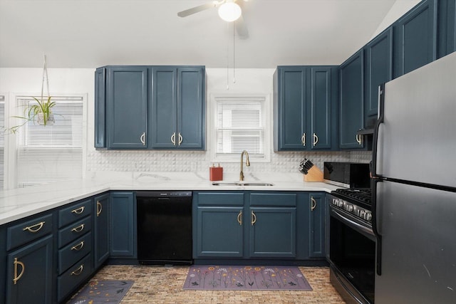 3713 W Palmer St Unit 2, Chicago, IL 60647 - kitchen with black appliances, a sink, backsplash, and ceiling fan