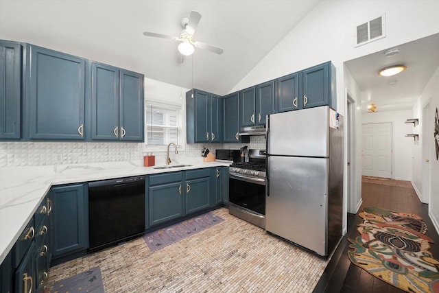 3713 W Palmer St Unit 2, Chicago, IL 60647 - kitchen with stainless steel appliances, a sink, lofted ceiling, under cabinet range hood, and backsplash