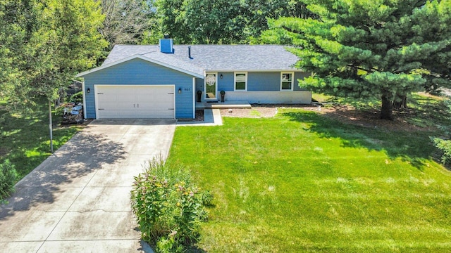 907 S Trailside Dr, Mahomet, IL 61853 - ranch-style home with concrete driveway, an attached garage, a front yard, a chimney, and roof with shingles
