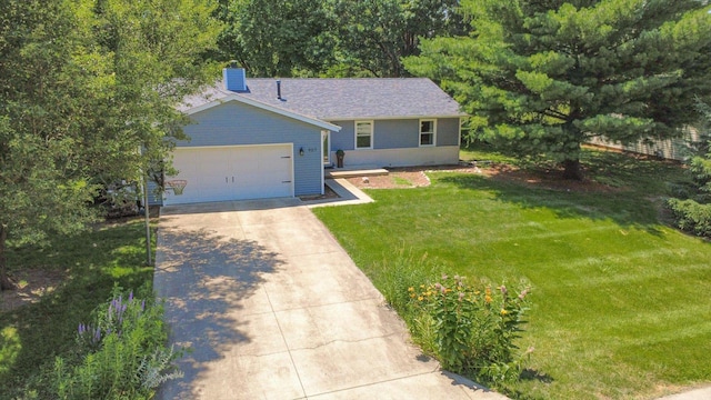 907 S Trailside Dr, Mahomet, IL 61853 - single story home with driveway, a front lawn, an attached garage, and a chimney