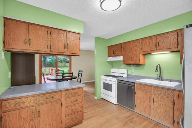 907 S Trailside Dr, Mahomet, IL 61853 - kitchen with under cabinet range hood, appliances with stainless steel finishes, light wood-type flooring, light countertops, and a textured ceiling