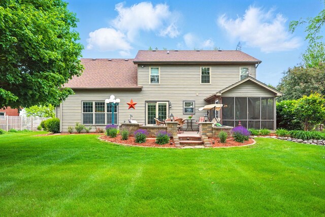 47W041 Briarwood Ln, Hampshire, IL 60140 - back of property with a sunroom, roof with shingles, and a patio area