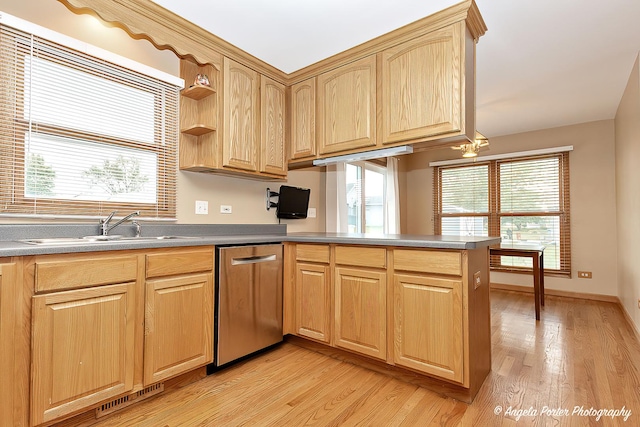 12401 Bigelow Ave, Hebron, IL 60034 - kitchen featuring dishwasher, a peninsula, a sink, light wood-style floors, and light brown cabinetry