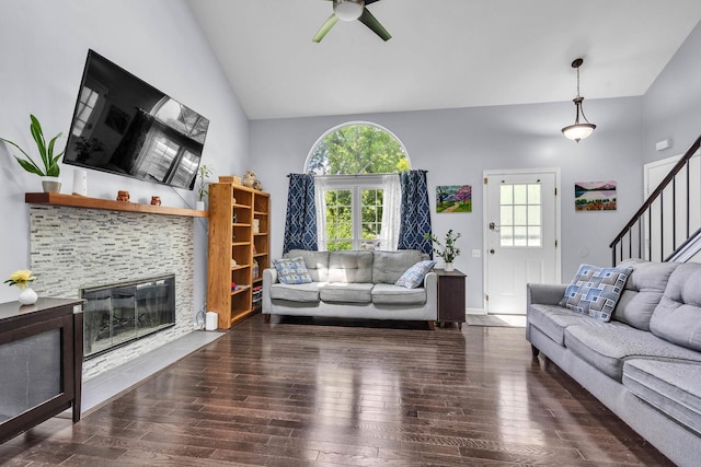 1911 Ozark Pkwy, Algonquin, IL 60102 - living room featuring vaulted ceiling, healthy amount of natural light, hardwood / wood-style flooring, and a ceiling fan