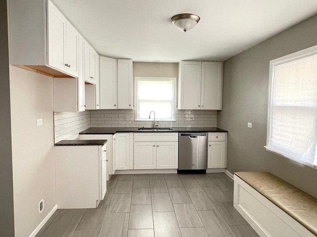 3914 153rd St, Midlothian, IL 60445 - kitchen featuring stainless steel dishwasher, a sink, backsplash, white cabinetry, and dark countertops
