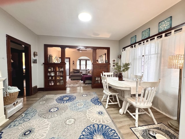 1118 W 4th St, Dixon, IL 61021 - dining space with ceiling fan, wood finished floors, and baseboards