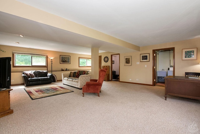 28671 Moose Range Rd, Sycamore, IL 60178 - carpeted living room featuring plenty of natural light, washer / dryer, baseboards, and a sink
