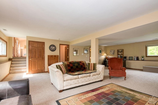 28671 Moose Range Rd, Sycamore, IL 60178 - carpeted living room featuring stairs and baseboards