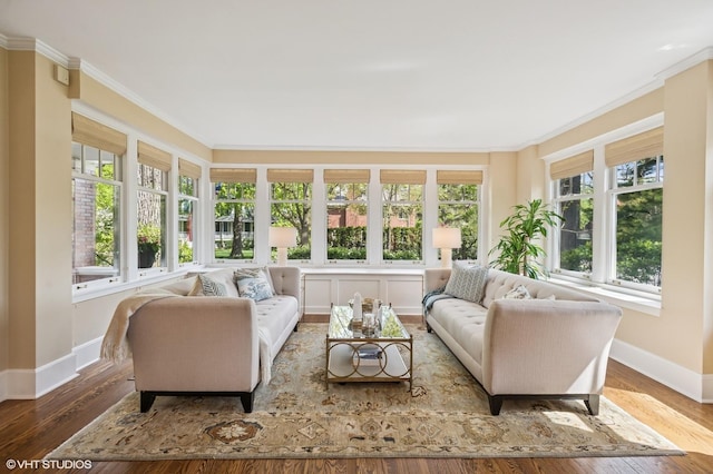548 Cherry St, Winnetka, IL 60093 - sunroom featuring baseboards, wood finished floors, and ornamental molding