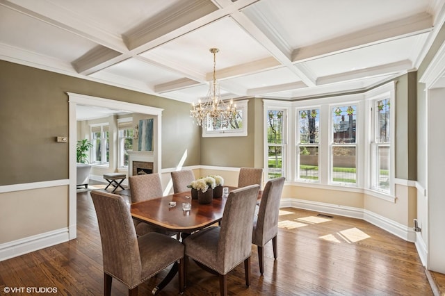 548 Cherry St, Winnetka, IL 60093 - dining room featuring a fireplace, plenty of natural light, dark wood-type flooring, coffered ceiling, and beam ceiling