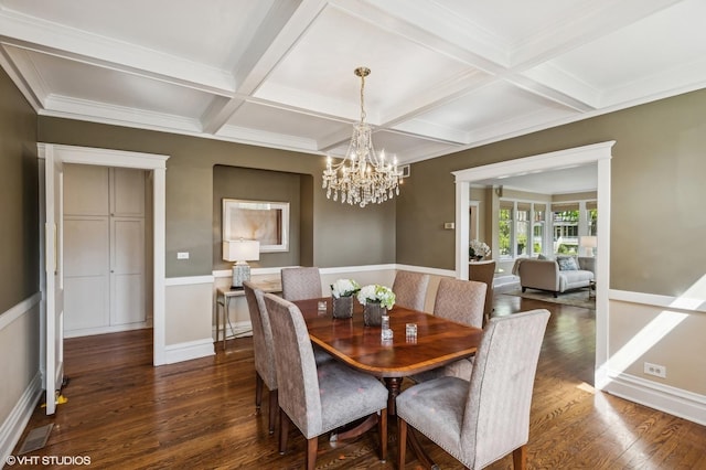 548 Cherry St, Winnetka, IL 60093 - dining area with coffered ceiling, a chandelier, dark wood-type flooring, beamed ceiling, and a wainscoted wall