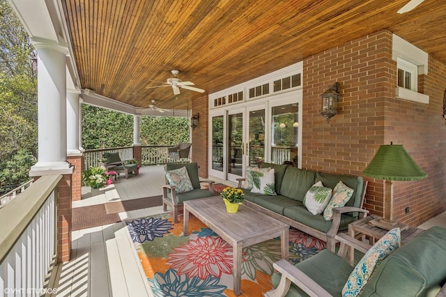 548 Cherry St, Winnetka, IL 60093 - wooden terrace featuring french doors, an outdoor living space, and a ceiling fan