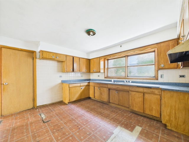 9216 S Ada St, Chicago, IL 60620 - kitchen featuring brown cabinetry, backsplash, a sink, and extractor fan