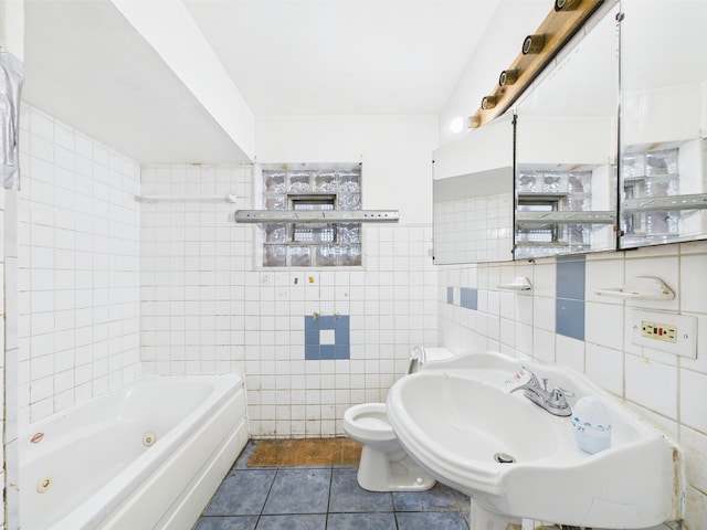 9216 S Ada St, Chicago, IL 60620 - bathroom featuring tile walls, a sink, toilet, and tile patterned flooring