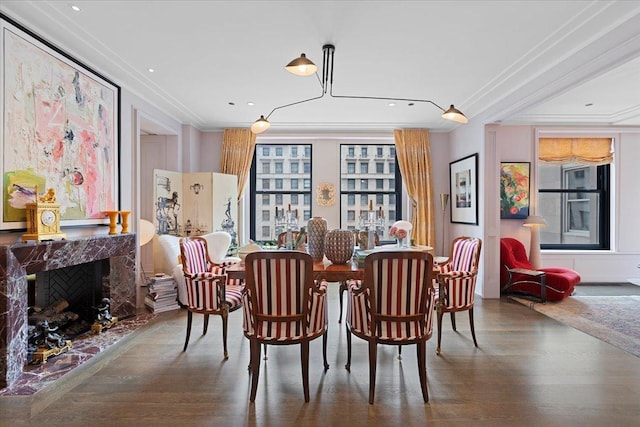 159 E Walton Pl Unit 8C, Chicago, IL 60611 - dining space with ornamental molding, wood finished floors, a high end fireplace, and recessed lighting