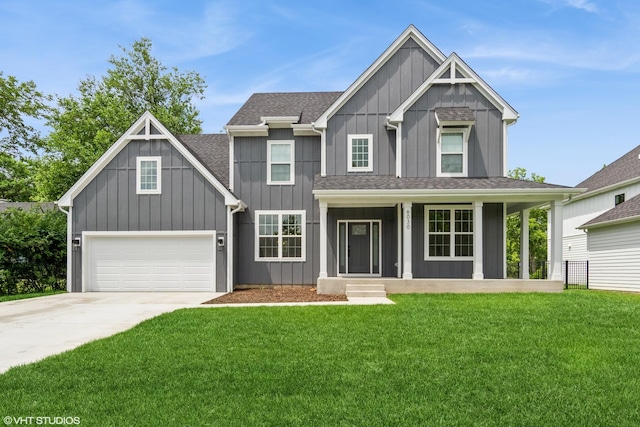 6030 Fairview Ave, Downers Grove, IL 60516 - craftsman house with board and batten siding, concrete driveway, a front lawn, a shingled roof, and a porch