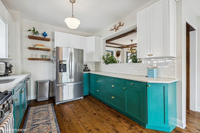 4058 N Kostner Ave, Chicago, IL 60641 - kitchen with stainless steel appliances, open shelves, white cabinetry, tasteful backsplash, and dark wood-style flooring