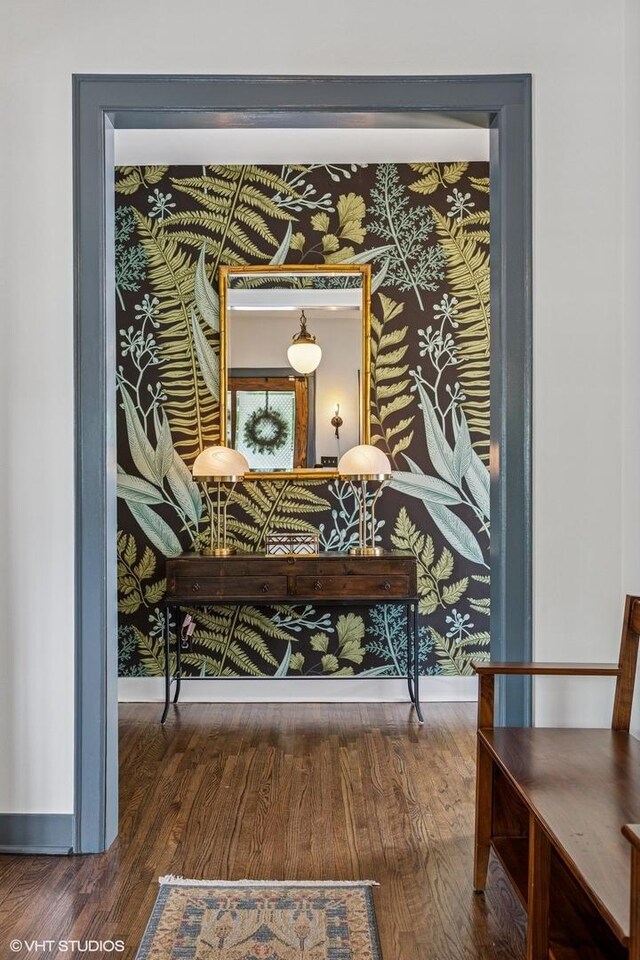 4058 N Kostner Ave, Chicago, IL 60641 - detailed view of baseboards, wood finished floors, and wallpapered walls