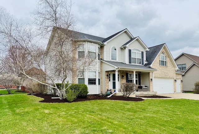 13119 Millbank Dr, Plainfield, IL 60585 - victorian-style house with driveway, an attached garage, a porch, a front lawn, and brick siding