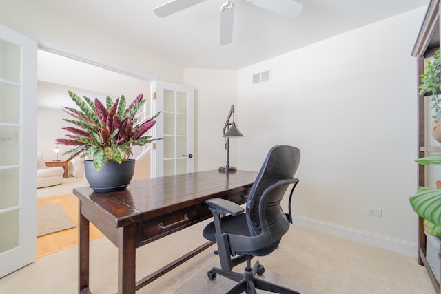 13119 Millbank Dr, Plainfield, IL 60585 - carpeted office with french doors, a ceiling fan, and baseboards