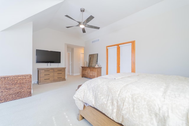 13119 Millbank Dr, Plainfield, IL 60585 - bedroom featuring vaulted ceiling, light colored carpet, ceiling fan, and baseboards