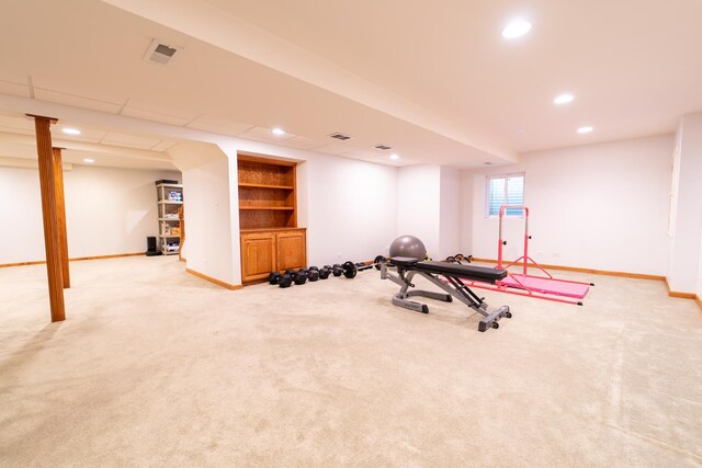 13119 Millbank Dr, Plainfield, IL 60585 - workout room with baseboards, light carpet, recessed lighting, and built in shelves