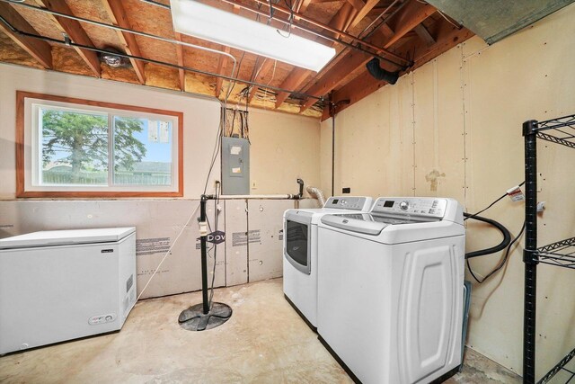 9619 Woods Ln, Hebron, IL 60034 - laundry area featuring washing machine and clothes dryer and electric panel