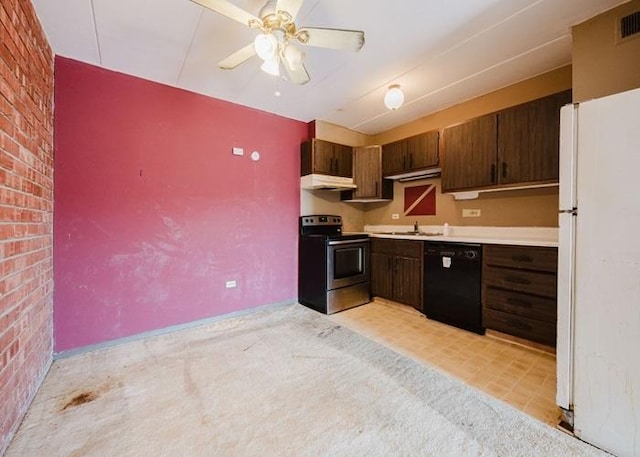 3012 171st St Unit 2E, Hazel Crest, IL 60429 - kitchen featuring black dishwasher, stainless steel electric range, freestanding refrigerator, brick wall, and light countertops