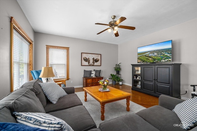 39W382 W Mallory Dr, Geneva, IL 60134 - living room featuring ceiling fan, plenty of natural light, and wood finished floors