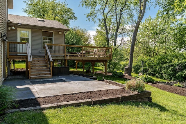 7812 Rhonda Dr, Roscoe, IL 61073 - wooden terrace featuring stairway, a patio, and a lawn
