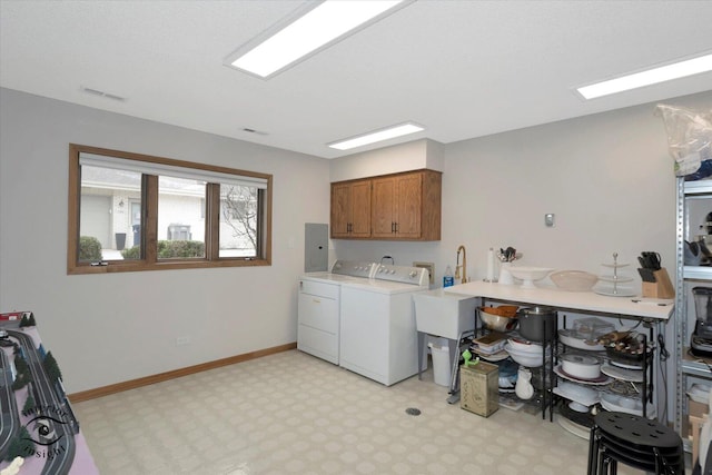 17932 S Alaska Ct Unit 21, Orland Park, IL 60467 - laundry room featuring cabinet space, washing machine and clothes dryer, electric panel, light floors, and baseboards