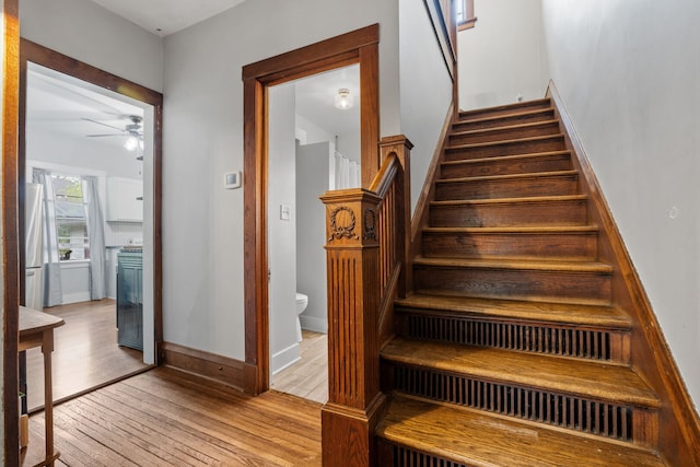 13805 Sharp Dr, Plainfield, IL 60544 - stairs with hardwood / wood-style flooring and a ceiling fan