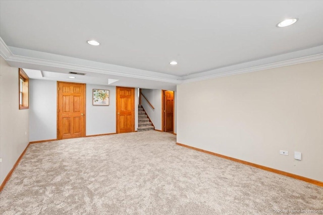 9144 S Trumbull Ave, Evergreen Park, IL 60805 - finished basement featuring baseboards, stairway, recessed lighting, carpet floors, and ornamental molding