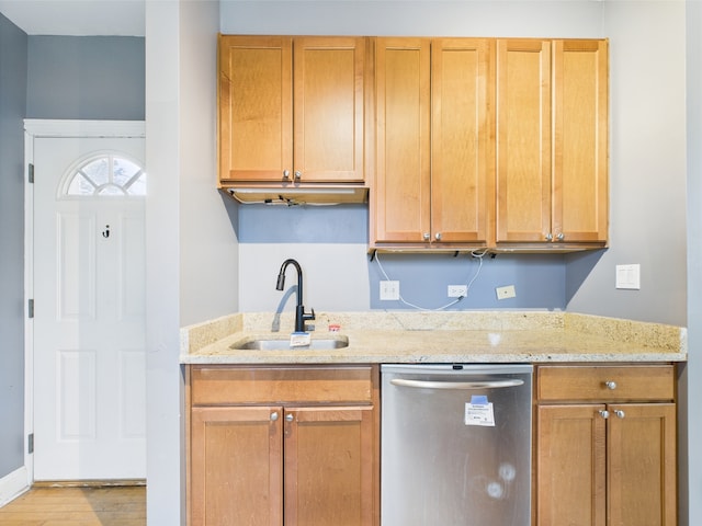 2609 W Rosemont Ave Unit C, Chicago, IL 60659 - kitchen featuring stainless steel dishwasher, a sink, light stone counters, and light wood-style flooring