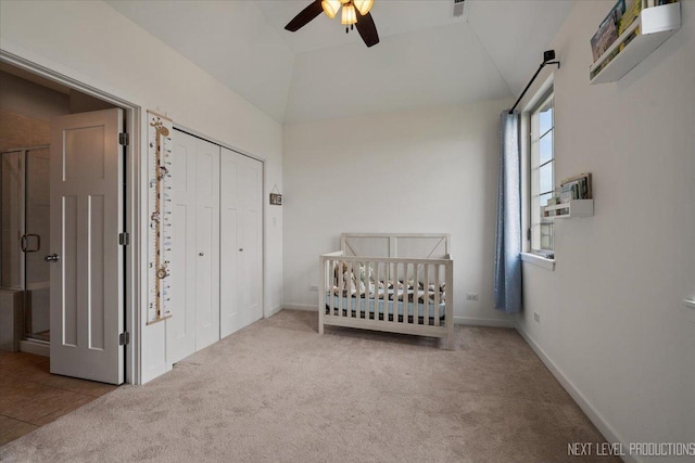 12709 Wild Rye Ct, Plainfield, IL 60585 - bedroom with carpet flooring, vaulted ceiling, a ceiling fan, a closet, and baseboards